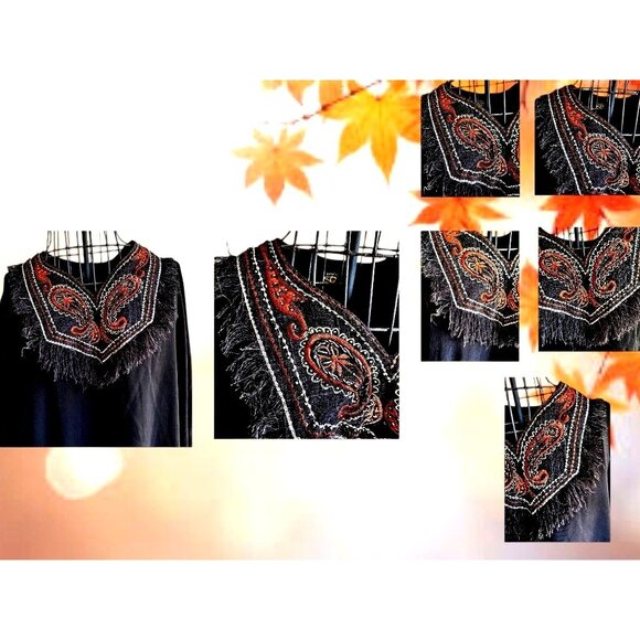 Royal Class Poncho Shawl Cape One Size Black Embellished Fringe Festive NWOT - Picture 6 of 12